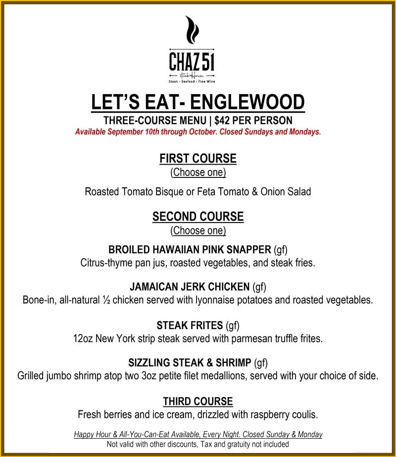 Chaz 51 Steakhouse 3 Course Menu